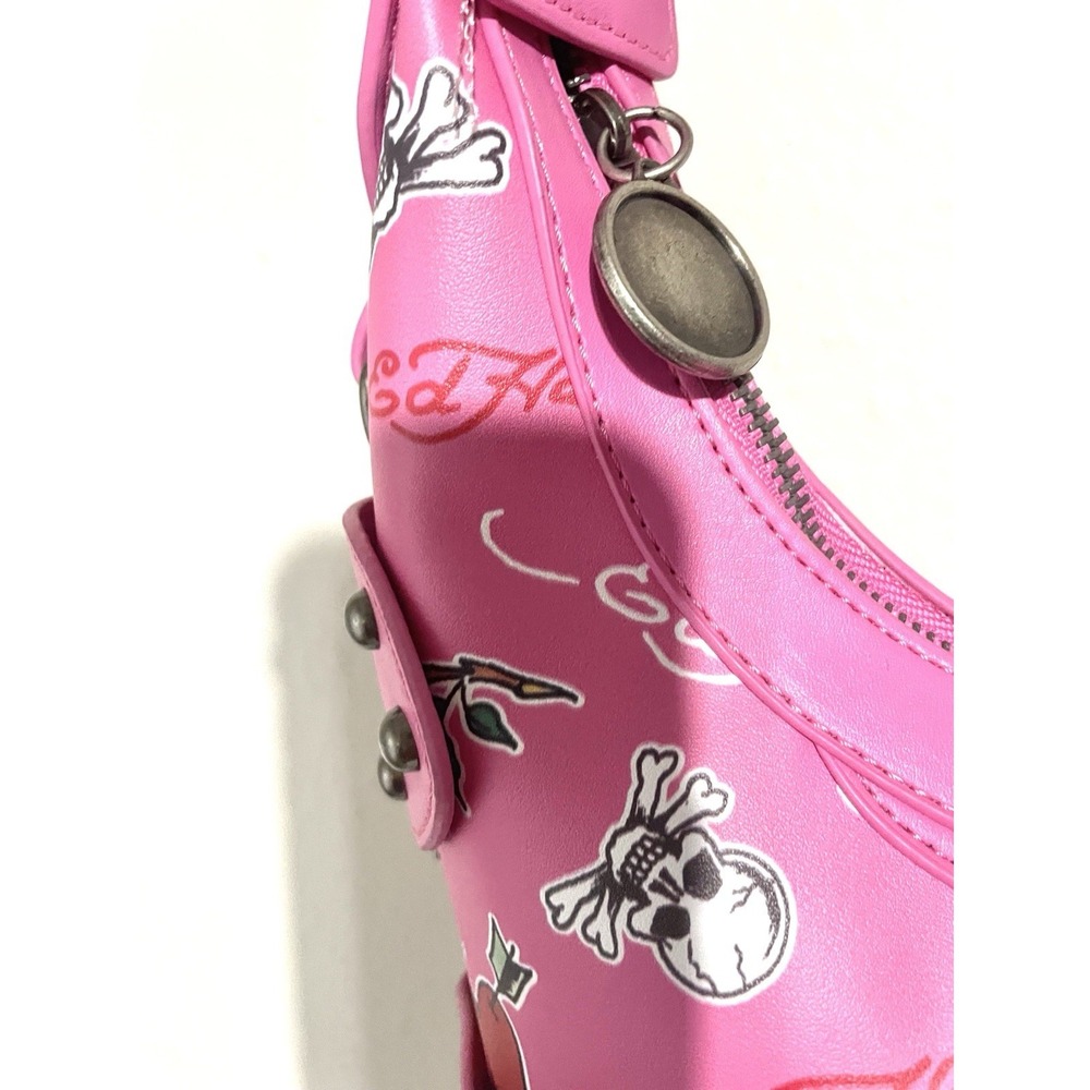 Ed Hardy Pink Hobo Shoulder Bag Studded Heart Rose Skull Cross Charms NEW - Picture 6 of 8